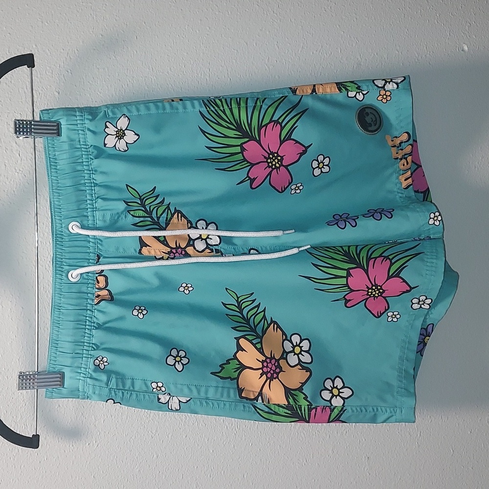 Neff Blue Tropical Floral Palm Print Swim Trunks Shorts Youth Size Small